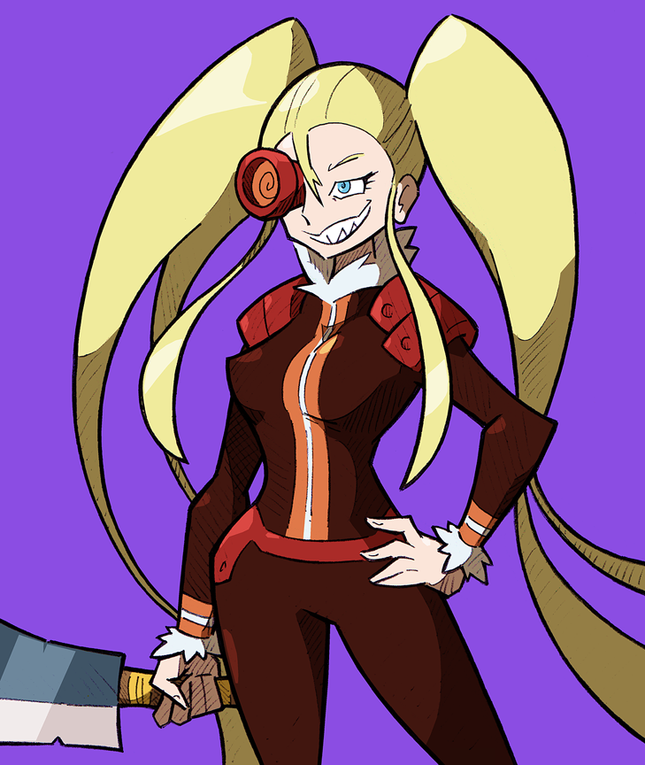 blonde_hair cleaver cosplay creator_connection grin hakodate_omiko hand_on_hip kill_la_kill long_hair purple_background scope sharp_teeth shenanimation smile solo teeth tengen_toppa_gurren_lagann trait_connection twintails viral viral_(cosplay)