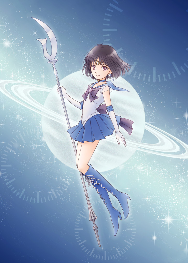 back_bow bishoujo_senshi_sailor_moon black_bow black_hair blue_background blue_footwear blue_skirt boots bow brooch choker cross-laced_footwear earrings elbow_gloves full_body gloves holding holding_spear holding_weapon jewelry knee_boots lace-up_boots magical_girl object_namesake planet pleated_skirt polearm purple_eyes purple_footwear purple_sailor_collar ribbon sailor_collar sailor_saturn sailor_senshi_uniform saturn short_hair silence_glaive skirt smile solo sparkle spear star star_choker super_sailor_saturn tenma_(yagami) tiara tomoe_hotaru weapon white_gloves