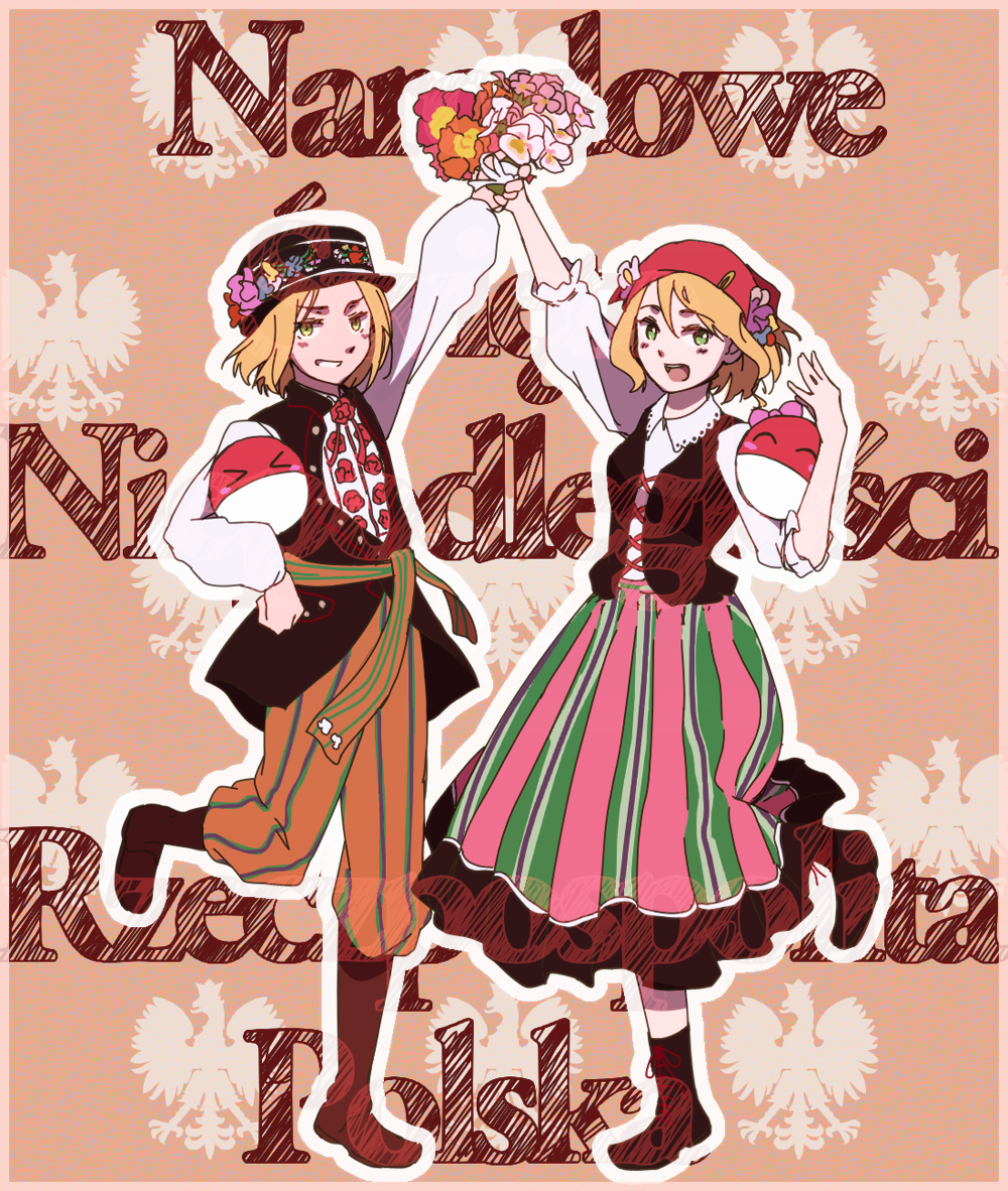 &gt;_&lt; 1girl :d ^_^ arm_up axis_powers_hetalia bandana blonde_hair blush boots bouquet bow closed_eyes coat_of_arms countryball cross-laced_footwear crossover dannoura dress dual_persona european_clothes flower genderswap genderswap_(mtf) green_eyes hand_on_hip hat hat_flower holding lace-up_boots long_sleeves open_mouth outline pants poland poland_(hetalia) polandball polish polish_clothes short_hair smile striped traditional_clothes translated vest