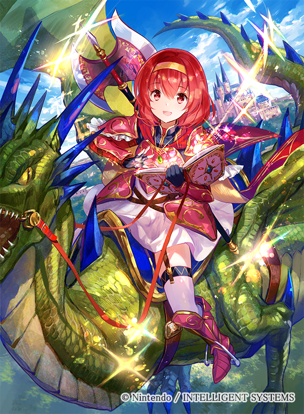 1girl alternate_costume armor axe dragon fire_emblem fire_emblem:_monshou_no_nazo fire_emblem_cipher fuji_choko hairband headband long_hair looking_at_viewer maria_(fire_emblem) nintendo official_art open_mouth red_eyes red_hair short_hair simple_background smile solo wings