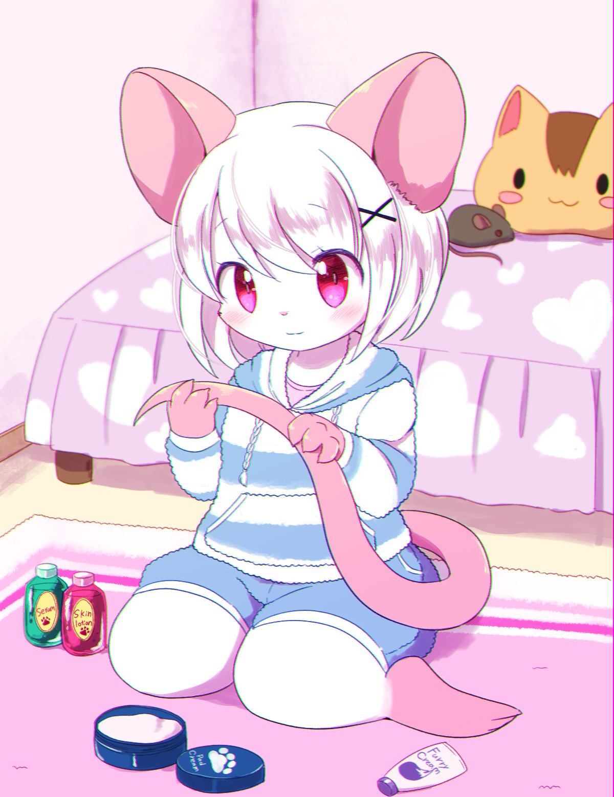 1girl bed furry kemoribon mouse pink_eyes plush solo white_hair