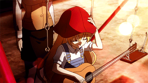 acoustic_guitar alternate_hairstyle animated animated_gif blonde_hair copyright_request guitar hat instrument multiple_girls ribbon what wig
