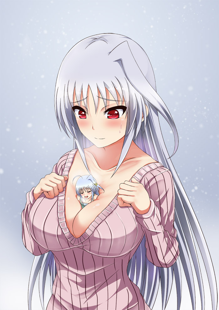 between_breasts blush breasts cleavage closed_eyes collarbone hair_ornament inoshira large_breasts long_hair long_sleeves lyrical_nanoha mahou_shoujo_lyrical_nanoha mahou_shoujo_lyrical_nanoha_a's mahou_shoujo_lyrical_nanoha_strikers minigirl multiple_girls person_between_breasts red_eyes reinforce reinforce_zwei ribbed_sweater silver_hair single_hair_intake smile snowing sweatdrop sweater v-neck