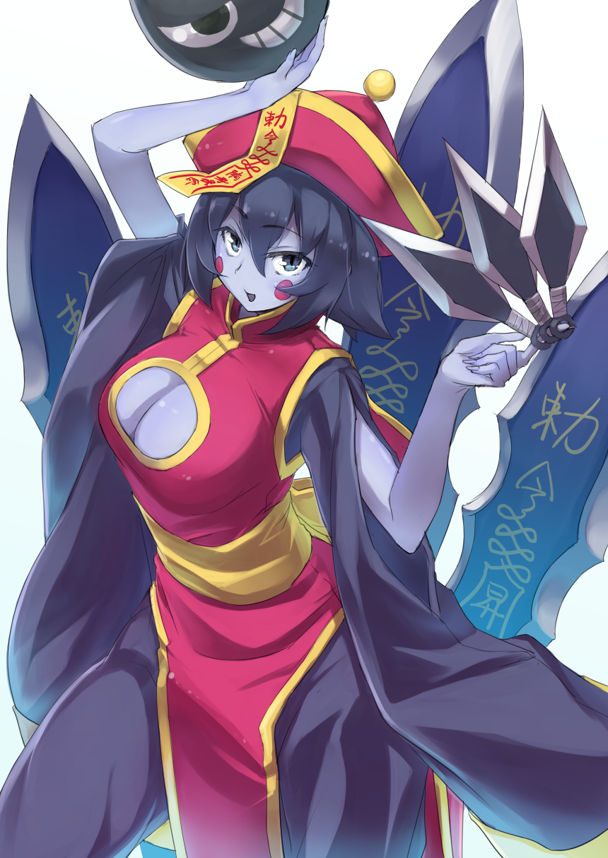 black_hair blue_eyes bomb breasts chinese_clothes claws cleavage cleavage_cutout facial_mark fingernails flipped_hair hat highres jiangshi kunai large_breasts lei_lei long_fingernails long_sleeves ofuda open_mouth pants purple_skin short_hair smile solo sword usotsuki_penta vampire_(game) weapon wide_sleeves zombie
