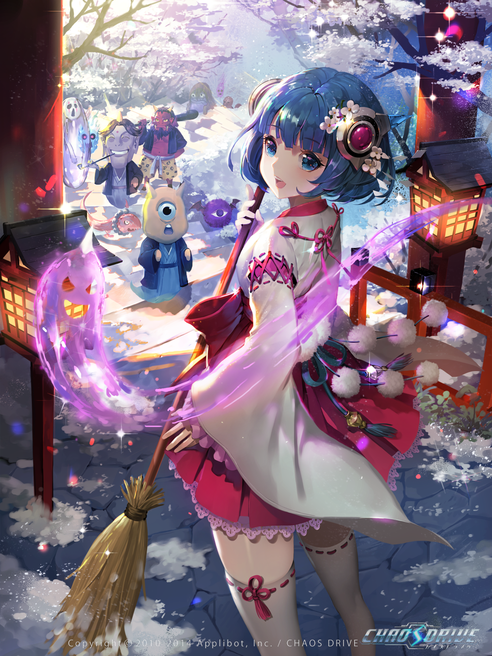 blue_eyes blue_hair bob_cut broom chaos_drive cherry_blossoms club commentary eyeball flower hair_flower hair_ornament hakama_skirt highres horns japanese_clothes lace lace-trimmed_skirt lantern light_particles looking_back monster new_year nontraditional_miko oni open_mouth pipe ribbon-trimmed_legwear ribbon_trim short_hair shrine skirt smile stairs sunlight sweeping thighhighs tob torii tree watermark weapon youkai