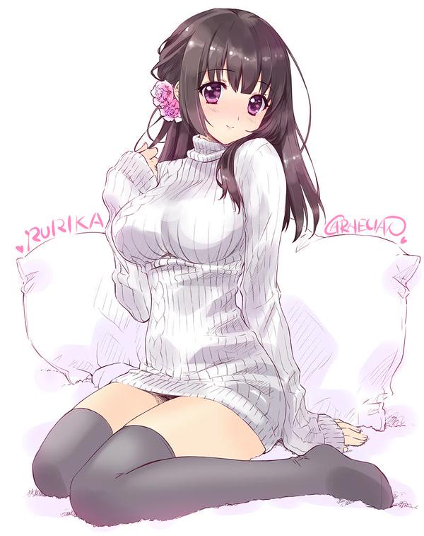 black_legwear blush breasts brown_hair carnelian downscaled flower hair_flower hair_ornament jpeg_artifacts large_breasts long_hair long_sleeves looking_at_viewer md5_mismatch no_pants original pillow purple_eyes resized ribbed_sweater rurika_(carnelian) simple_background sitting smile solo sweater thighhighs turtleneck wariza
