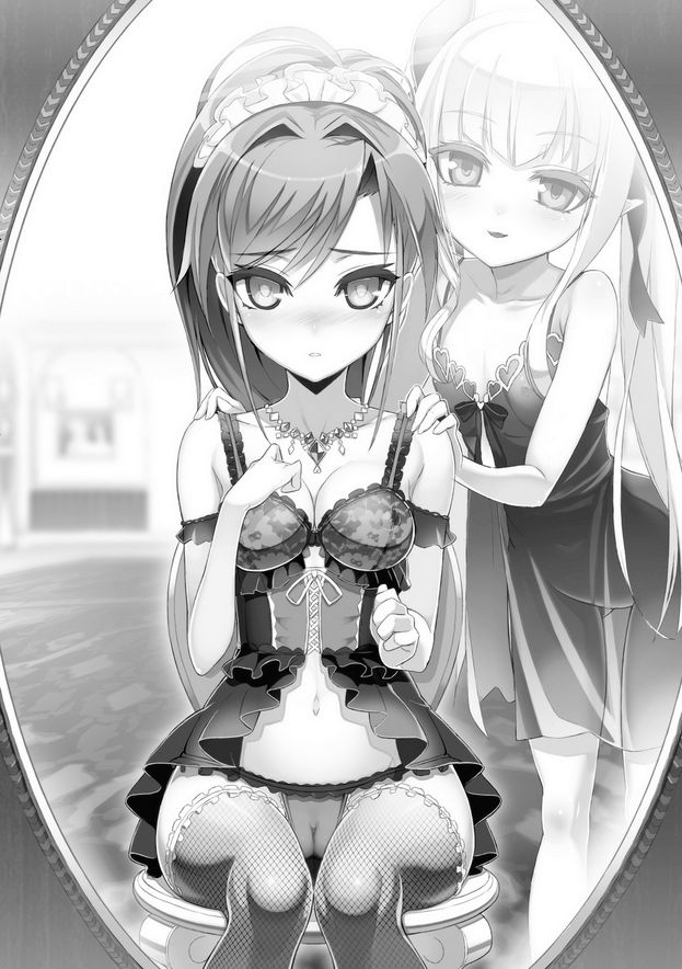 2girls blush breasts bustier cameltoe chemise cleavage earrings jewelry light_novel lingerie mirror monochrome multiple_girls naruse_maria necklace nonaka_kurumi ookuma_(nitroplus) open_mouth panties pointy_ears shinmai_maou_no_testament sitting small_breasts smile standing thighhighs underwear