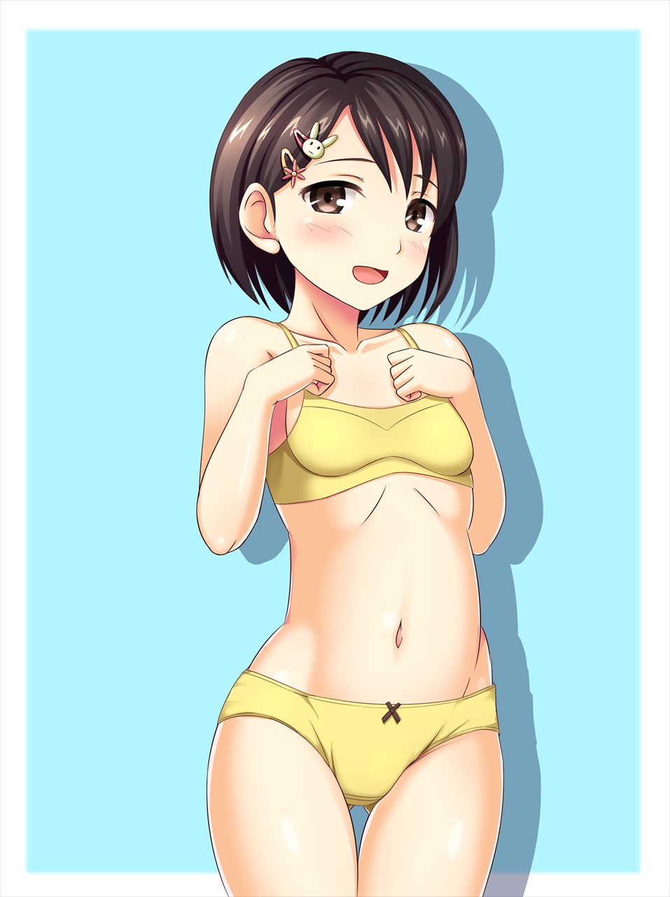 :d aqua_background black_hair bra brown_eyes hair_ornament hairclip highres idolmaster idolmaster_cinderella_girls navel open_mouth panties sasaki_chie short_hair smile solo tarokennsann thigh_gap training_bra underwear underwear_only yellow_bra yellow_panties