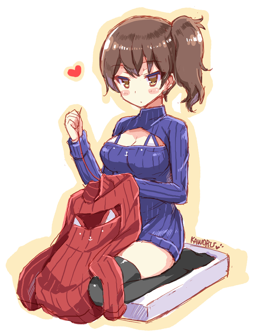 alternate_costume artist_name bikini_top black_legwear blush_stickers breasts brown_eyes brown_hair cleavage_cutout full_body heart holding holding_needle kaga_(kantai_collection) kantai_collection kaworu_(1030) large_breasts long_sleeves meme_attire needle open-chest_sweater ribbed_sweater seiza sewing sewing_needle side_ponytail signature sitting sketch solo sweater thighhighs turtleneck