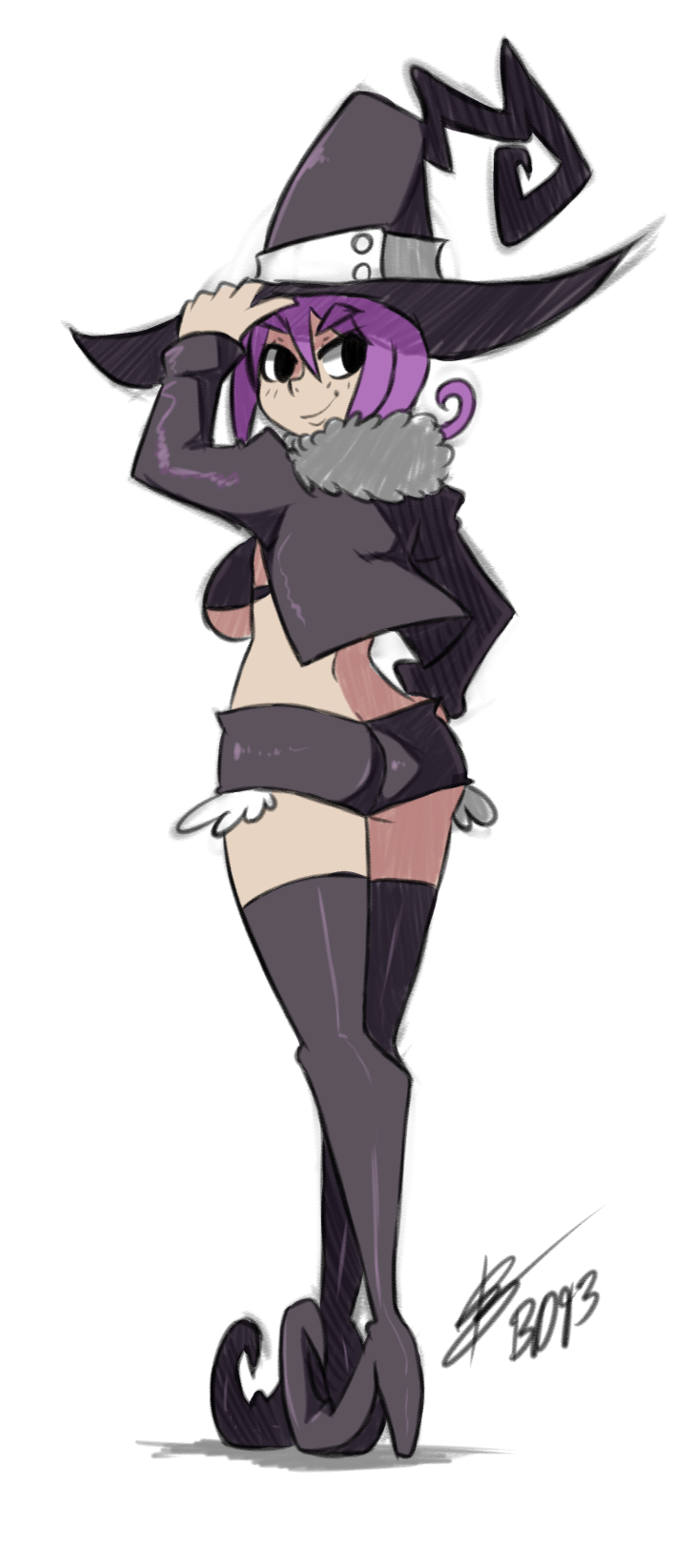 ass bad_id bad_tumblr_id bigdead93 black_eyes blair boots breasts from_behind full_body hat highres jacket large_breasts pointy_boots purple_hair short_shorts shorts solo soul_eater thigh_boots thighhighs underboob witch_hat
