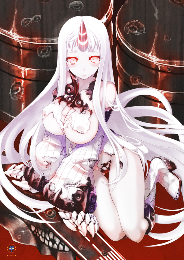 bare_shoulders black_panties boots breasts bullet_hole claws detached_sleeves dress horn kantai_collection knee_boots kokonobi large_breasts long_hair looking_at_viewer machinery pale_skin panties ribbed_dress seaport_hime shinkaisei-kan solo torn_clothes torn_panties underwear very_long_hair white_footwear white_skin