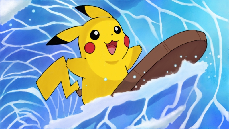 akiko0707 black_eyes happy miiverse nintendo open_mouth pikachu pokemon surfing tail tongue water waves