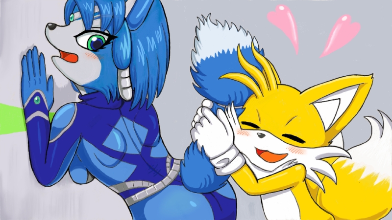 1boy 1girl blue_hair blush bodysuit crossover eyes_closed fox furry gloves happy heart hug jewelry krystal looking_back miiverse miles_prower nintendo open_mouth sega short_hair simple_background size_difference smile solo sonic_the_hedgehog star_fox tail taka0409