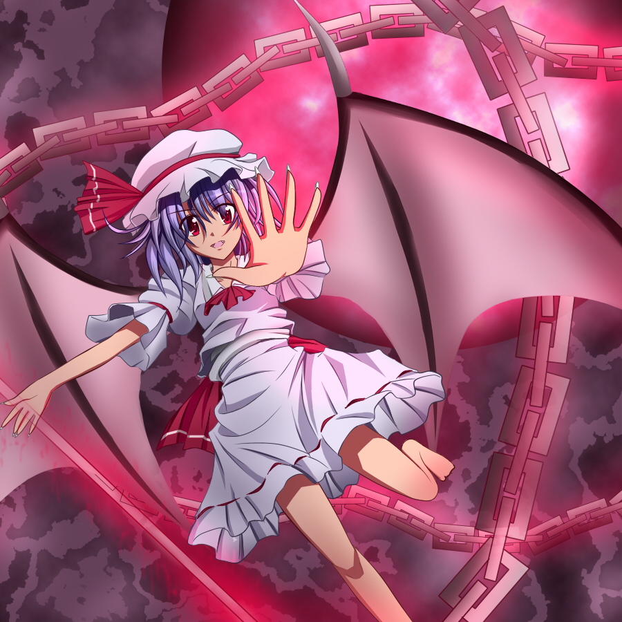 bad_feet barefoot bat_wings blue_hair chain deta-mxproject full_moon hands hat moon outstretched_arm outstretched_hand reaching red_eyes red_moon remilia_scarlet solo touhou wings