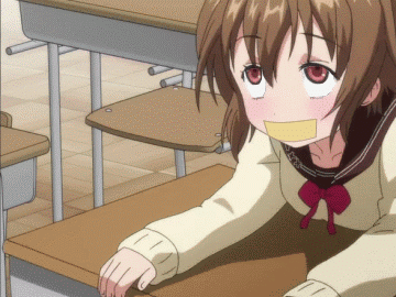 1girl animated animated_gif bent_over blush brown_eyes brown_hair classroom clothed_sex denpa_onna_to_seishun_otoko desk flat_chest from_behind gag gagged improvised_gag lowres mifune_ryuuko mouth_taped on_desk photoshop school school_uniform schoolgirl sexually_suggestive