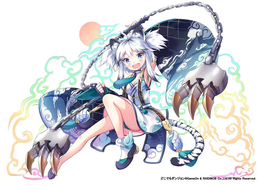 animal_ears aqua_panties armpits bad_id bad_pixiv_id chain claw_(weapon) claws detached_sleeves fang gauntlets grey_eyes japanese_clothes kimono long_sleeves looking_at_viewer mechanical_parts nyanya open_mouth original panties pantyshot pantyshot_(standing) silver_hair smile solo standing tail tiger_ears tiger_tail two_side_up underwear upskirt weapon wide_sleeves