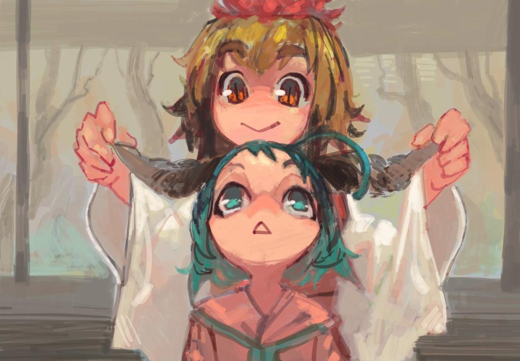 2girls animal_ears blonde_hair dress ear_pull green_eyes green_hair hair_ornament holding_ears kasodani_kyouko long_sleeves looking_at_another looking_up multicolored_hair multiple_girls onion_(onion_and_pi-natto) open_mouth red_eyes smile toramaru_shou touhou two-tone_hair wide_sleeves