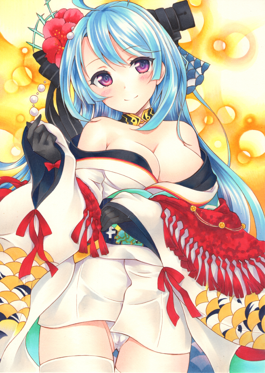 ahoge alternate_costume alternate_hairstyle azur_lane bangs black_gloves blue_hair blush breasts cleavage eyebrows_visible_through_hair flower gloves hair_flower hair_ornament head_tilt helena_(azur_lane) highres japanese_clothes kimono large_breasts long_hair looking_at_viewer obi off_shoulder one_side_up panties pantyshot pantyshot_(standing) purple_eyes sash short_kimono smile standing thighhighs thighs traditional_media underwear white_kimono white_legwear white_panties wide_sleeves yoruoujito-tsukinohime