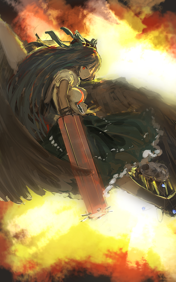 arm_cannon black_hair bow circlek fire hair_bow long_hair red_eyes reiuji_utsuho skirt solo third_eye touhou weapon wings