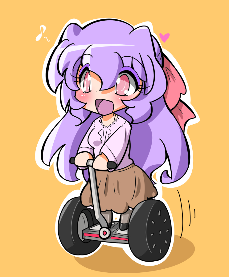 aoba_(aunana) blush chibi eighth_note heart long_hair musical_note no_pupils open_mouth original pink_eyes purple_hair segway simple_background skirt solo