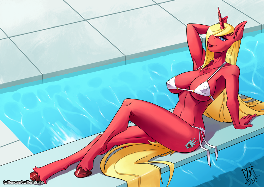 anthro big_breasts bikini breasts clothing equine female friendship_is_magic horn mammal my_little_pony nipple_bulge pose swimming_pool swimsuit under_boob unicorn zwitterkitsune