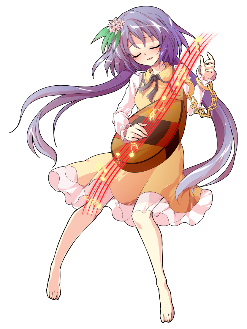 :d alphes_(style) barefoot biwa_lute chain closed_eyes dairi dress expressions facing_viewer flower full_body hair_flower hair_ornament happy instrument long_sleeves lovestruck lute_(instrument) musical_note open_mouth parody purple_hair short_hair_with_long_locks smile solo style_parody tachi-e touhou transparent_background tsukumo_benben