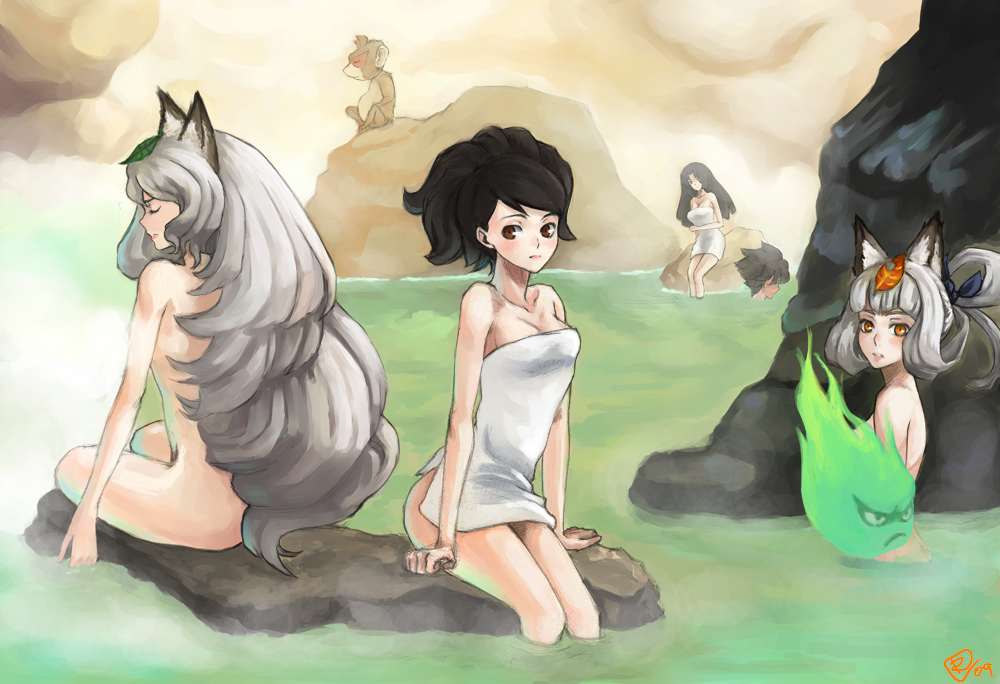 4girls animal animal_ears artist_name bangs bathing black_hair blush breasts brown_eyes brown_hair cleavage ener fox_ears ghost grey_hair hair_ornament hitodama izuna_jinkuro kisuke kitsune kongiku leaf leaf_on_head long_hair medium_breasts mixed_bathing momohime monkey multiple_girls naked_towel nude oboro_muramasa onsen orange_eyes red_eyes sidelocks torahime towel white_towel yuzuruha