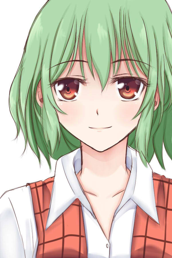 bad_id bad_pixiv_id collarbone dress_shirt face green_hair kazami_yuuka red_eyes shirt short_hair simple_background smile solo touhou upper_body vest wendell white_background white_shirt