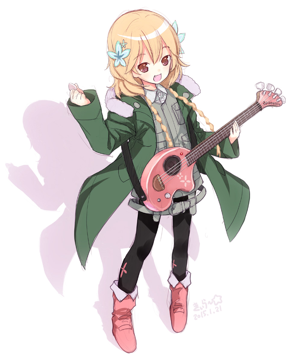 bass_guitar black_legwear blonde_hair brown_eyes coat dress fang flower green_dress hair_flower hair_ornament highres instrument kiira long_sleeves md5_mismatch misono_chiaya open_clothes open_coat open_mouth pantyhose shadow smile solo the_rolling_girls