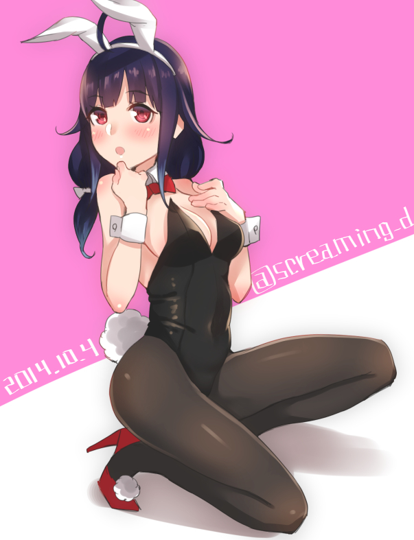 animal_ears bad_id bad_pixiv_id bow bowtie breasts bunny_ears bunny_tail bunnysuit cleavage detached_collar kantai_collection kyuuso_inukami long_hair medium_breasts pantyhose purple_hair red_eyes taigei_(kantai_collection) tail wrist_cuffs