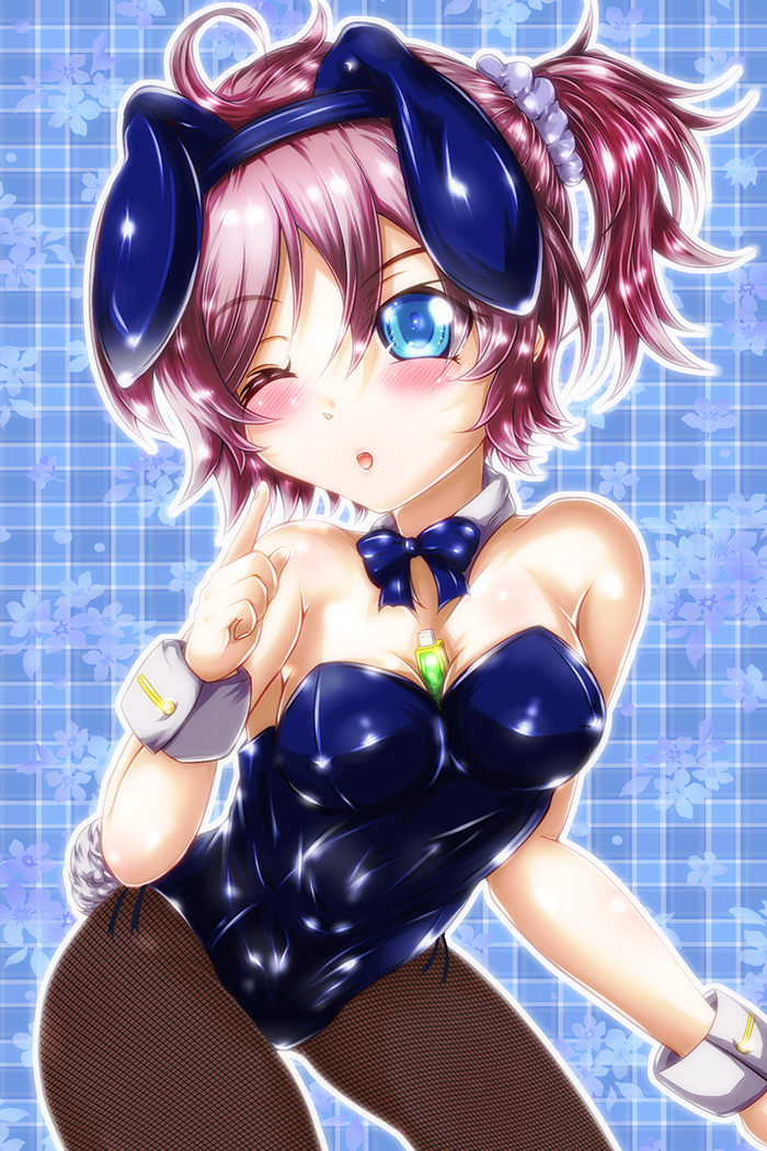 animal_ears aoba_(kantai_collection) blue_eyes blush breasts bunny_ears bunnysuit detached_collar kantai_collection kumichou_(nakasato-gumi) medium_breasts one_eye_closed pantyhose ponytail red_hair solo wrist_cuffs