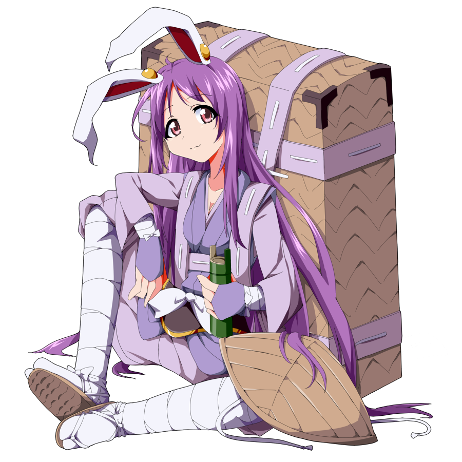 animal_ears backpack bag bandages bunny_ears bwell forbidden_scrollery hat hat_removed headwear_removed japanese_clothes kimono long_hair long_sleeves pink_eyes purple_hair reisen_udongein_inaba sash sitting solo touhou very_long_hair yukata