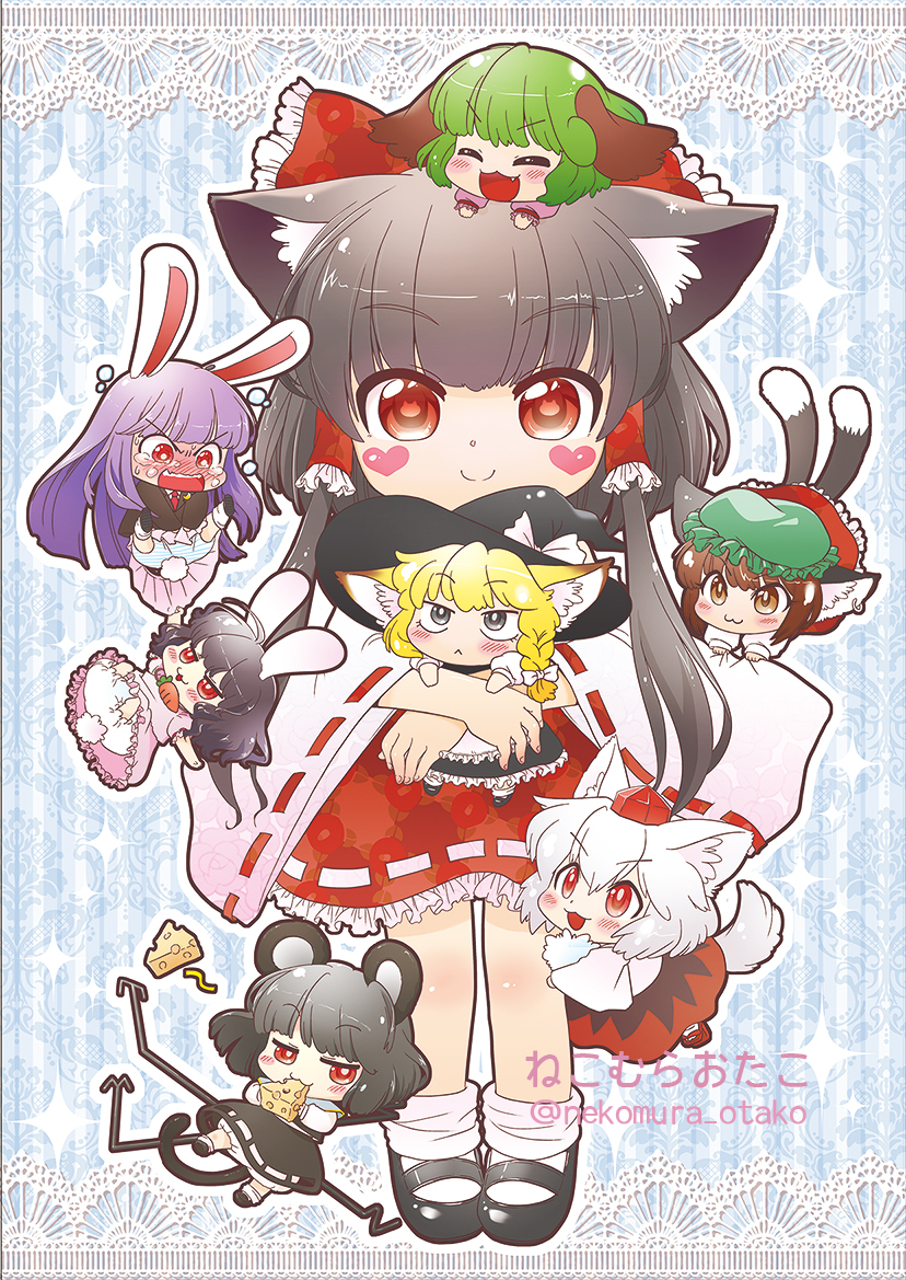 :&lt; :3 animal_ears apron ass black_dress black_hair blazer blonde_hair bloomers blush bow braid brown_eyes brown_hair bunny_ears bunny_tail capelet carrot carrot_necklace cat_ears cat_tail cheese chen chibi chibi_on_head closed_eyes covering covering_crotch dowsing_rod dress ear_piercing eating fang food green_hair grey_dress grey_eyes hair_tubes hakurei_reimu hat hat_bow heart inaba_tewi inubashiri_momiji jacket jewelry kasodani_kyouko kemonomimi_mode kirisame_marisa long_hair long_sleeves minigirl mob_cap mouse_ears mouse_tail multiple_girls multiple_tails nazrin necklace nekomata nekomura_otako on_head open_mouth pendant piercing pink_dress puffy_short_sleeves puffy_sleeves purple_hair red_dress red_eyes reisen_udongein_inaba shirt short_sleeves silver_hair single_braid single_earring skirt skirt_pull smile symbol-shaped_pupils tail tears tokin_hat tongue tongue_out touhou underwear very_long_hair waist_apron wide_sleeves witch_hat wolf_ears wolf_tail