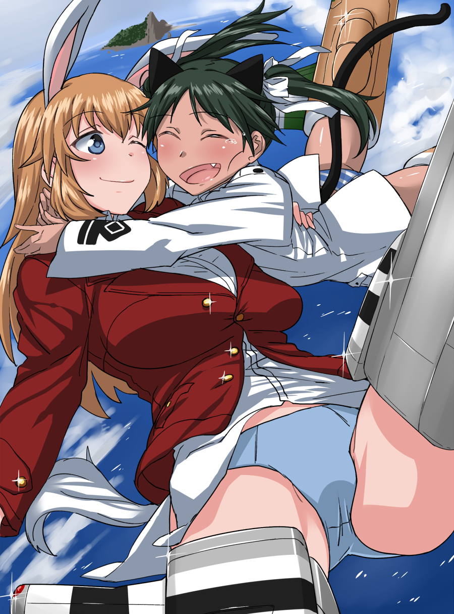 :d ;) ^_^ animal_ears blue_eyes blue_panties blue_sky blush breasts bunny_ears bunny_tail charlotte_e_yeager closed_eyes cloud day flying francesca_lucchini green_hair happy_tears highres hug komusou_(jinrikisha) large_breasts long_hair long_sleeves military military_uniform multiple_girls one_eye_closed open_mouth orange_hair panties sky smile strike_witches striker_unit striped striped_panties tail tears twintails underwear uniform world_witches_series