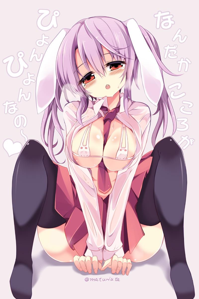 alternate_hairstyle animal_ears ass black_legwear blush bra breasts breath bunny_ears convenient_censoring highres large_breasts lavender_hair long_hair long_sleeves looking_at_viewer maturiuta_sorato md5_mismatch necktie open_clothes open_mouth open_shirt red_eyes red_neckwear reisen_udongein_inaba shirt simple_background skirt solo sweat text_focus thighhighs touhou twintails underwear wet wet_clothes wet_shirt