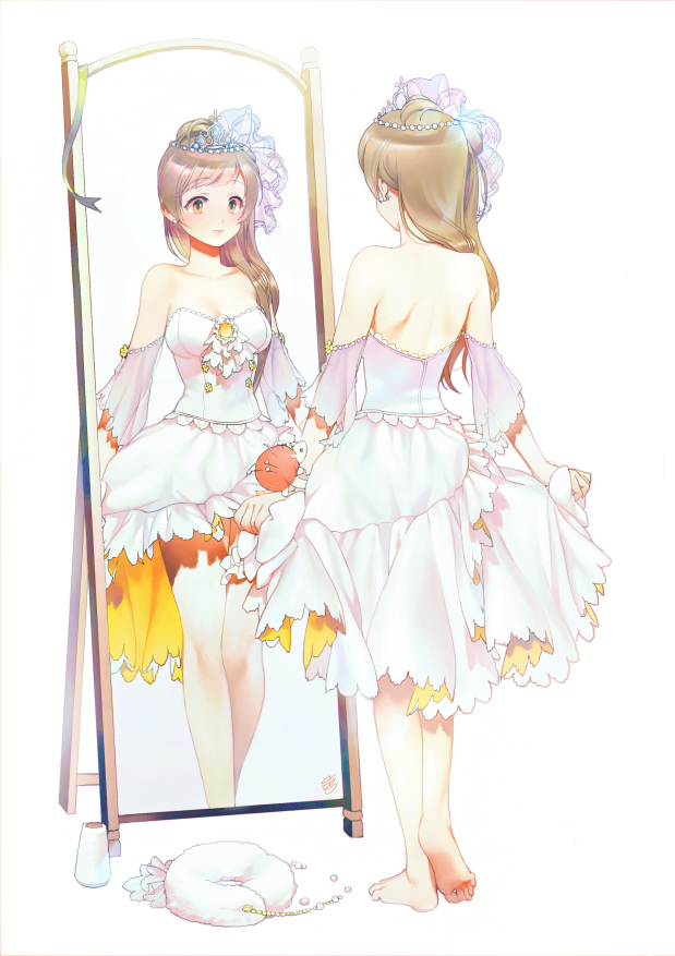 back bad_id bad_pixiv_id bare_shoulders barefoot blush breasts brown_eyes brown_hair cleavage dbd detached_sleeves dress earrings full_body jewelry long_hair looking_at_viewer love_live! love_live!_school_idol_project medium_breasts minami_kotori mirror one_side_up simple_background solo tiara white_background white_dress