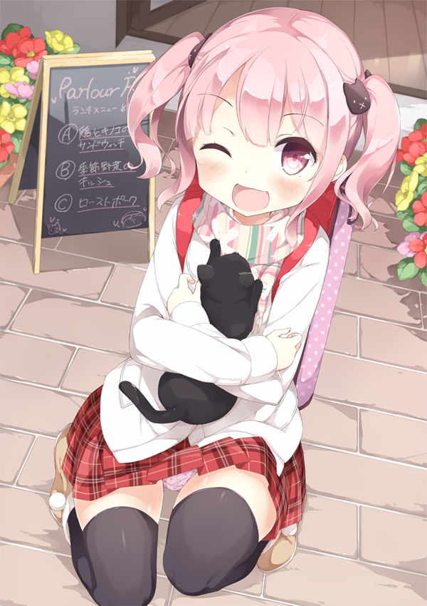 ;d backpack bag black_legwear blush chalkboard fang flower gyuunyuu_nomio hair_ornament joshi_shougakusei_hajimemashita looking_at_viewer menu_board one_eye_closed open_mouth panties pantyshot pavement pink_eyes pink_hair pink_panties plaid polka_dot polka_dot_panties randoseru recorder_case riri_(joshi_shougakusei_hajimemashita) running_bond scarf short_hair short_twintails skirt smile solo thighhighs twintails underwear