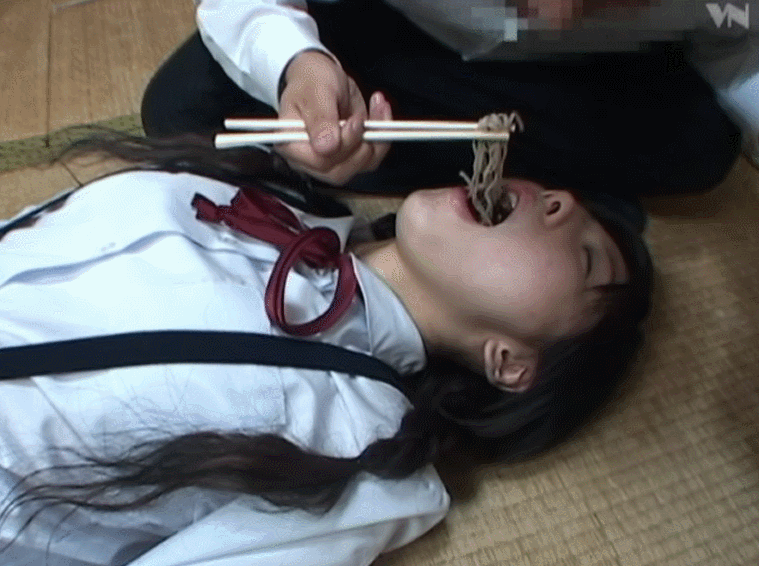 1boy 1girl animated animated_gif black_hair chopsticks food food_in_mouth hoshino_yuuna japanese long_hair lying nhdt-455 open_mouth photo soba twintails