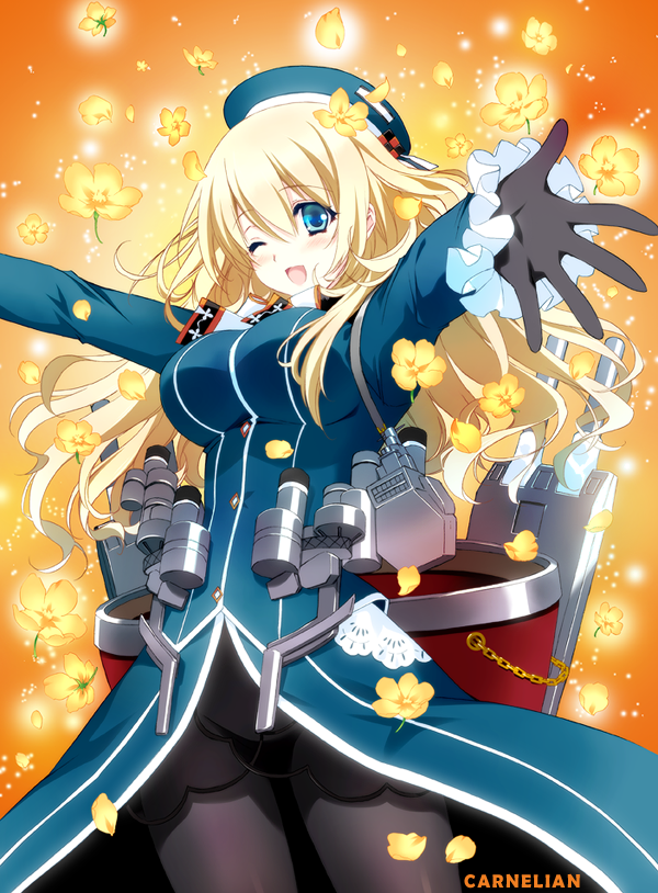 ;d artist_name atago_(kantai_collection) beret black_gloves blonde_hair blue_eyes blush breasts carnelian chain flower gloves hat kantai_collection large_breasts long_hair one_eye_closed open_mouth outstretched_arms pantyhose petals smile solo