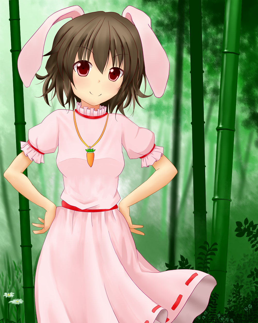 animal_ears bamboo bamboo_forest blurry breasts brown_hair bunny_ears carrot_necklace daisy depth_of_field dress flower forest hands_on_hips highres inaba_tewi looking_at_viewer nature outdoors pink_dress puffy_short_sleeves puffy_sleeves red_eyes short_hair short_sleeves small_breasts smile solo suigetsu_(watermoon-910) touhou