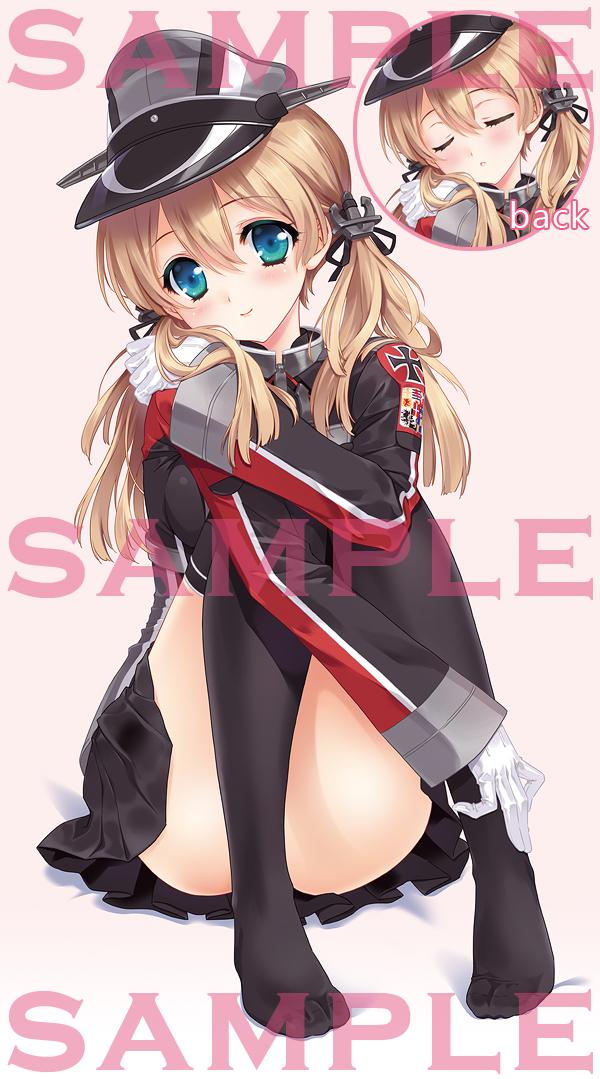 anchor_hair_ornament black_legwear blonde_hair blue_eyes blush carnelian closed_eyes closed_mouth dakimakura gloves hair_ornament hat kantai_collection long_hair looking_at_viewer military military_uniform multiple_views peaked_cap pleated_skirt prinz_eugen_(kantai_collection) sample sitting skirt thighhighs twintails uniform white_gloves