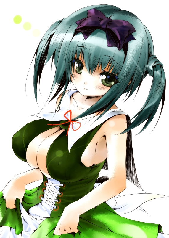 armpits blue_hair breasts cleavage cleavage_cutout copyright_request covered_nipples dabosu green_eyes hair_ribbon huge_breasts ribbon solo twintails