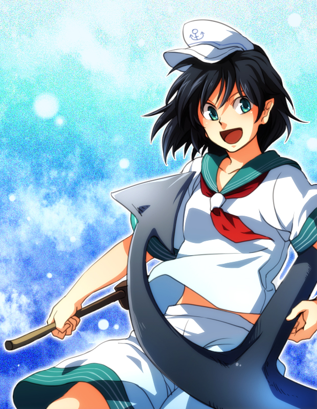 anchor bad_id bad_pixiv_id black_hair blue_eyes ghost hat hishaku murasa_minamitsu pointy_ears rex_k sailor sailor_hat short_hair shorts solo touhou