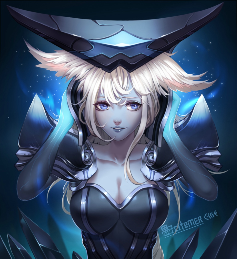 blue_eyes breasts citemer cleavage helmet large_breasts league_of_legends lips lissandra long_hair pale_skin solo white_hair
