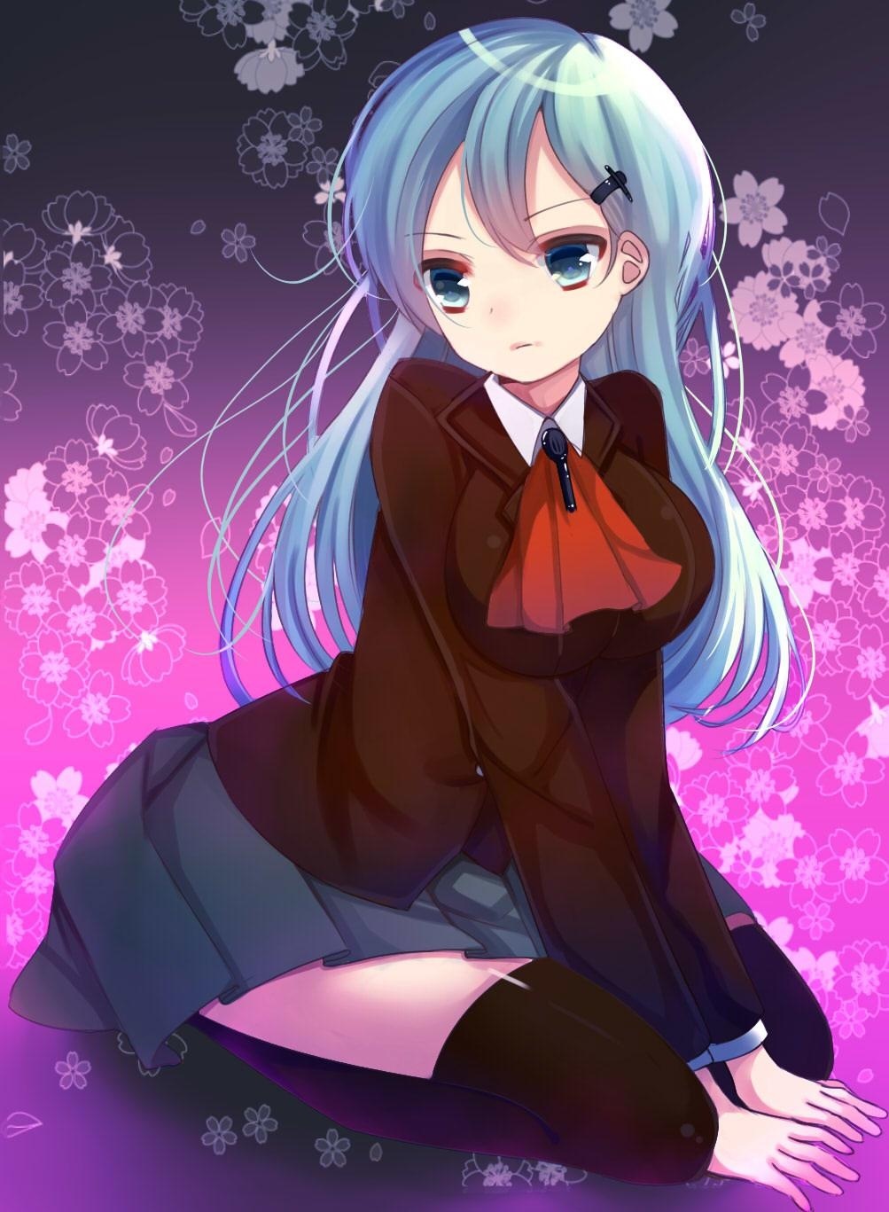 aozora_nan aqua_eyes aqua_hair ascot bad_id bad_pixiv_id breasts brown_legwear hair_ornament hairclip highres jacket kantai_collection large_breasts loafers long_hair pleated_skirt school_uniform shoes sitting skirt solo suzuya_(kantai_collection) thighhighs