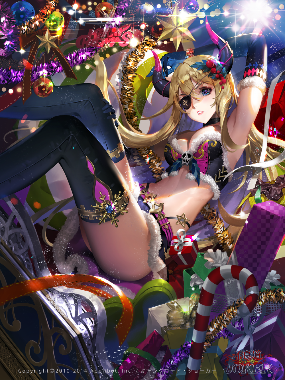 black_gloves black_legwear blonde_hair blue_eyes box breasts candy candy_cane cleavage elbow_gloves eyepatch food furyou_michi_~gang_road~ gift gift_box gloves highres horns long_hair looking_at_viewer medium_breasts merry_christmas midriff parted_lips skull solo thighhighs tob very_long_hair