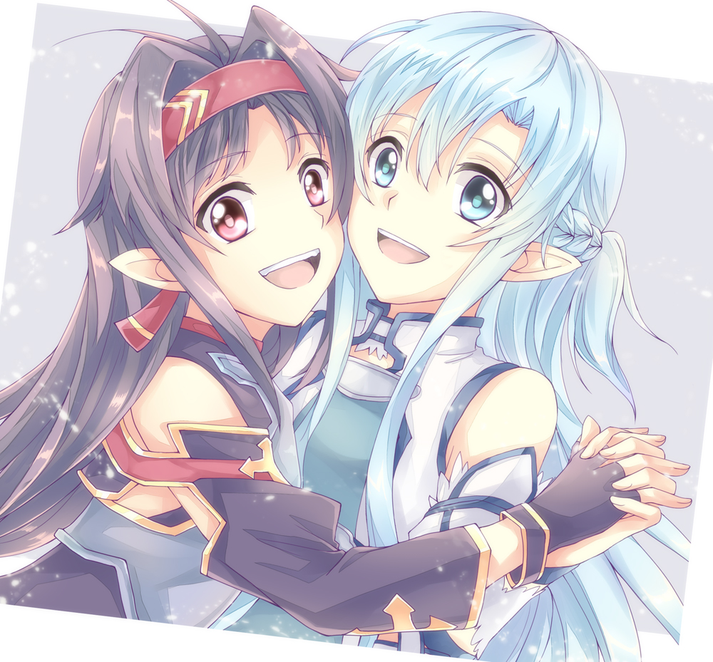 asuna_(sao) asuna_(sao-alo) black_hair blue_eyes blue_hair breastplate detached_sleeves fingerless_gloves gloves hairband holding_hands hug long_hair misuzu_(iridescence) multiple_girls pointy_ears red_eyes sword_art_online yuuki_(sao)