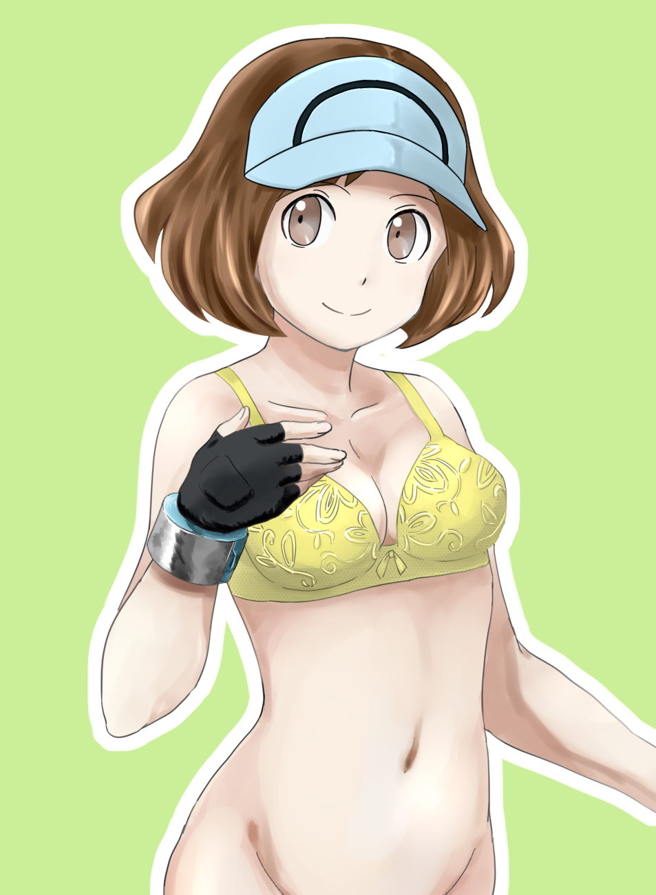 1girl a_(pixiv_17870427) ace_trainer_(pokemon) bottomless bra brown_eyes brown_hair creatures_(company) fingerless_gloves game_freak glove gloves lingerie looking_at_viewer nintendo pokemon pokemon_(game) pokemon_sm short_hair smile underwear visor_cap yellow_bra