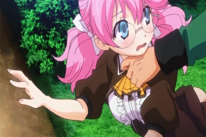 1boy 1girl animated animated_gif assisted_exposure bounce bouncing_breasts breasts glasses grass large_breasts lingerie nipples open_blouse open_mouth pink_hair rance_01 ribbon sill_plain twintails underwear undressing wince