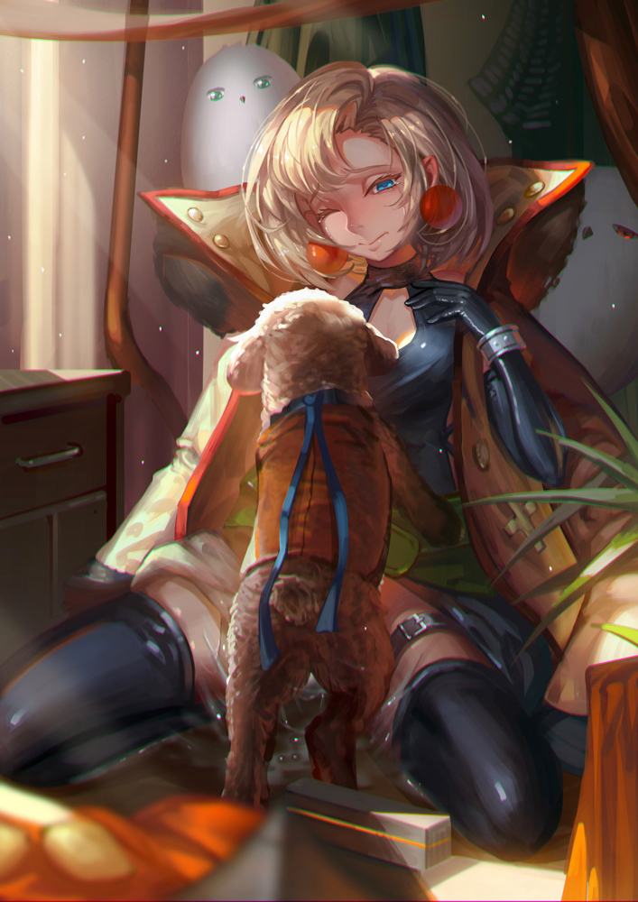 animal artemis_(junketsu_no_maria) artemis_(junketsu_no_maria)_(bird) bestiality bird blonde_hair blue_eyes blush cum dog earrings elbow_gloves gloves implied_sex jewelry junketsu_no_maria maria_(junketsu_no_maria) owl saber_01 short_hair sitting solo wariza